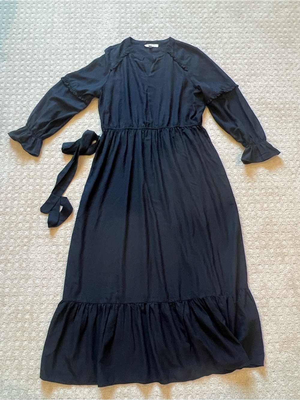 Black Maxi Dress with Tie Waist and Ruffled Hem